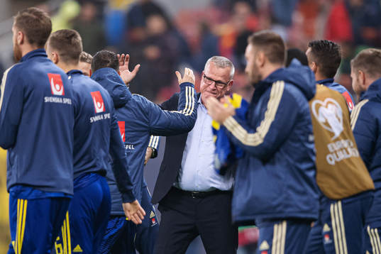 Janne Andersson, head coach of Sweden, celebrates with his