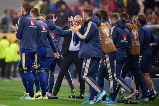 Janne Andersson, head coach of Sweden, celebrates with his