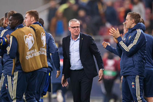 Janne Andersson, head coach of Sweden, reacts