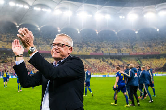 Janne Andersson, head coach of Sweden celebrates