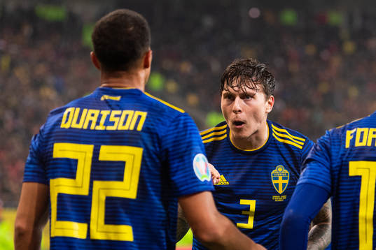 Robin Quaison of Sweden celebrates with Victor Nilsson