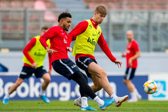 Joshua King and Kristoffer Ajer of Norway