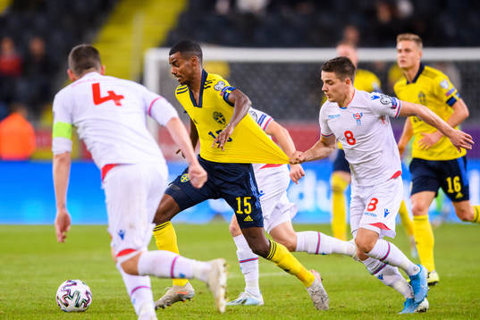 Alexander Isak of Sweden and Brandur Hendriksson Olsen of