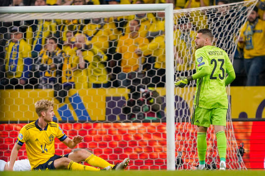 Filip Helander and goalkeeper Kristoffer Nordfeldt of Sweden