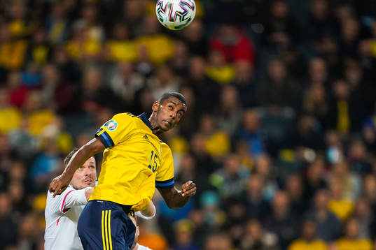 Alexander Isak of Sweden and Atli Gregersen of Faroe Islands