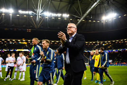 Janne Andersson, head coach of Sweden celebrates