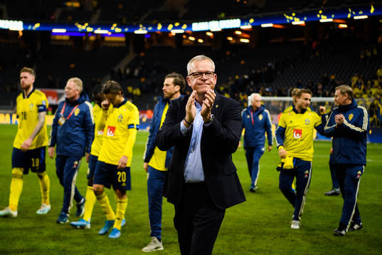 Janne Andersson, head coach of Sweden celebrates