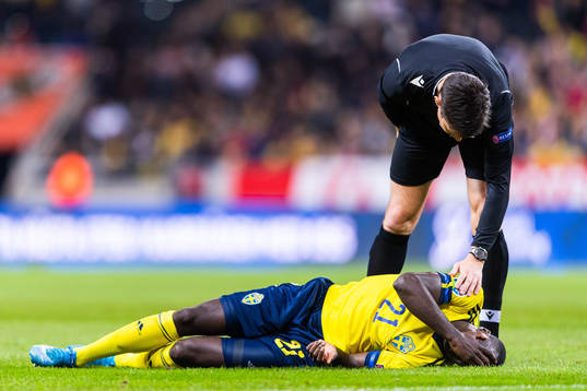 Referee Matej Jug attends to Ken Sema of Sweden