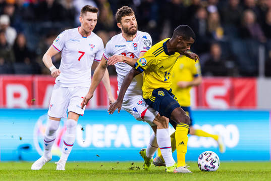 Rogvi Baldvinsson of Faroe Islands and Alexander Isak of