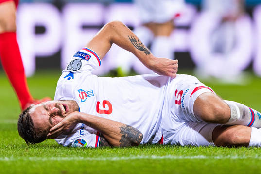 Heini Vatnsdal of Faroe Islands in pain