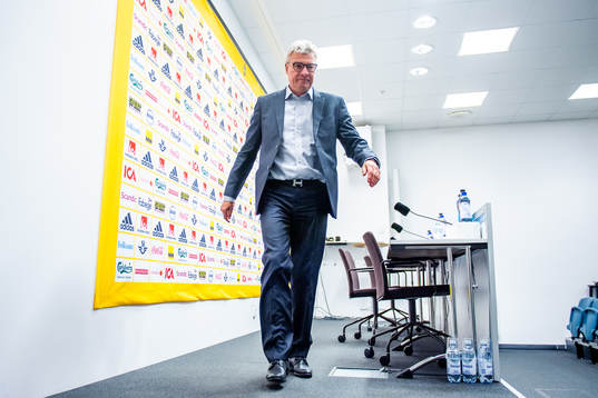Lars Olsen, head coach of Faroe Islands at the press