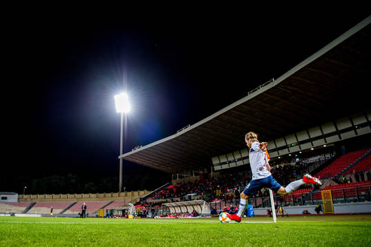 Iver Fossum of Norway takes a corner kick