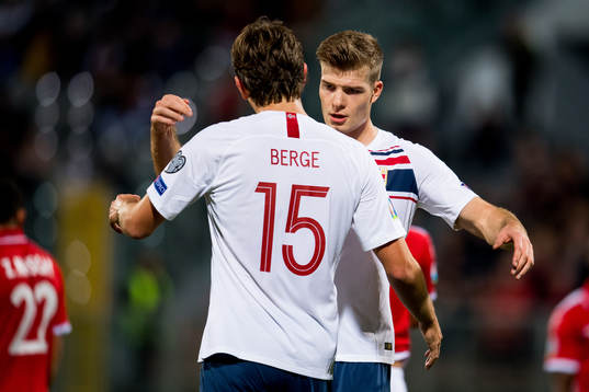 Alexander Sørloth of Norway celebrates with teammate