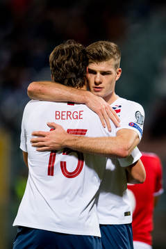 Alexander Sørloth of Norway celebrates with teammate