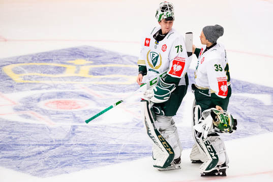 Goalkeepers Arvid Holm and Markus Svensson  of Färjestad