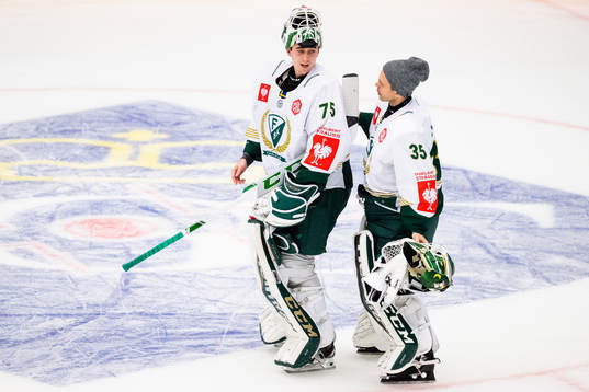 Goalkeepers Arvid Holm and Markus Svensson  of Färjestad