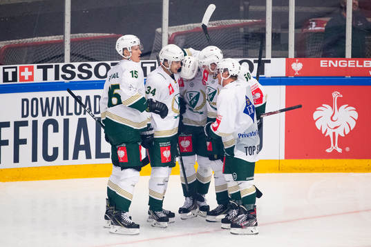 Linus Arnesson of Färjestad celebrates scoring their first