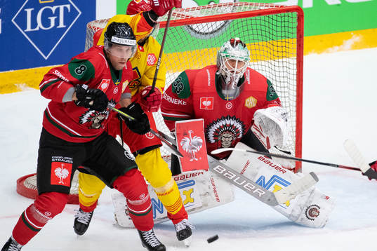 Viktor Ekbom and goalkeeper Johan Mattsson of Frölunda