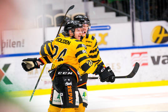 Skellefteås Andreas Wingerli och Rickard Hugg jublar