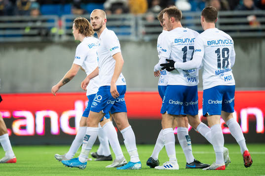 Eirik Hestad of Molde celebrate with teammates