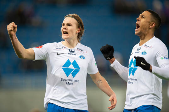 Tobias Christensen of Molde celebrate with Mathis Bolly