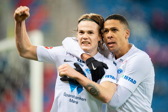 Tobias Christensen of Molde celebrate with Mathis Bolly
