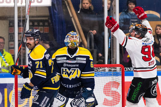 s HV71:s Linus Fröberg och målvakt Hugo Alnefelt deppar