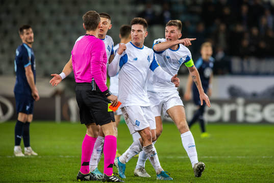 Serhiy Sydorchuk of Dynamo Kiev is shown a red card from