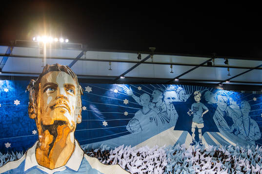 Supporters of Malmö FF with a tifo acclaiming Markus