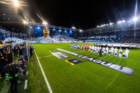 Supporters of Malmö FF with a tifo acclaiming Markus