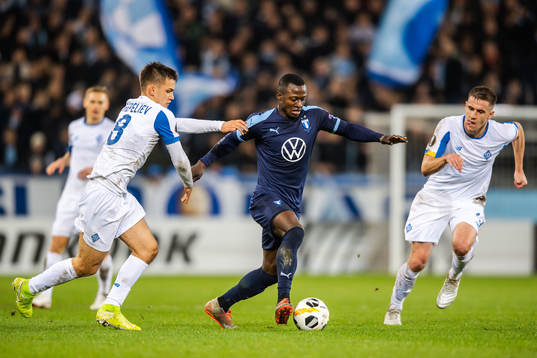 Bonke Innocent of Malmö FF against Volodymyr Shepeliev and