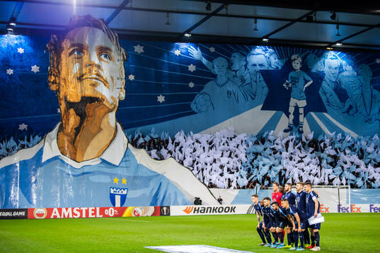 Supporters of Malmö FF with a tifo acclaiming Markus