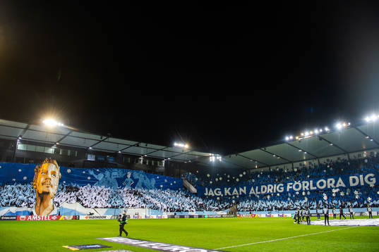 Supporters of Malmö FF with a tifo acclaiming Markus