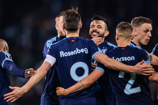 Markus Rosenberg celebrate with Behrang Safari of Malmö FF
