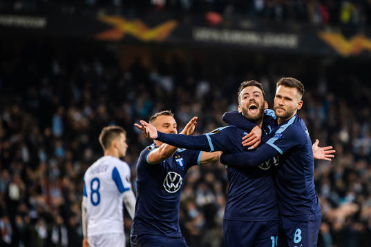 Erdal Rakip of Malmö FF celebrate Arnor Traustason