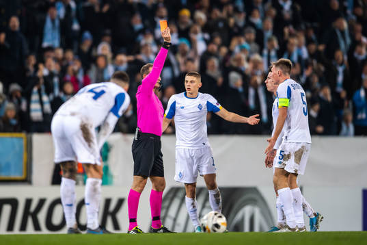 Serhiy Sydorchuk of Dynamo Kiev is shown a red card from