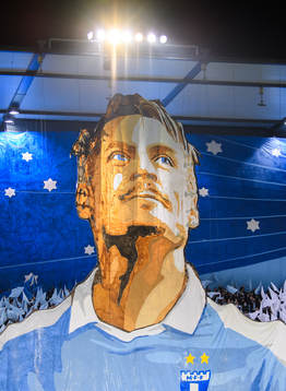 Supporters of Malmö FF with a tifo acclaiming Markus