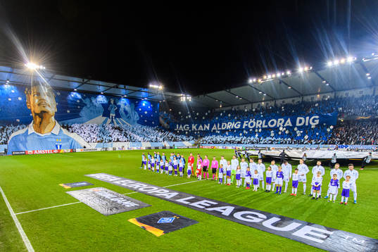 Supporters of Malmö FF with a tifo acclaiming Markus