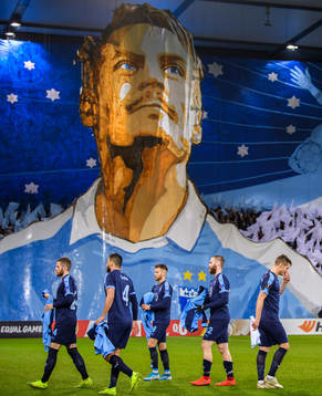 Supporters of Malmö FF with a tifo acclaiming Markus