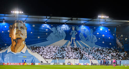 Supporters of Malmö FF with a tifo acclaiming Markus