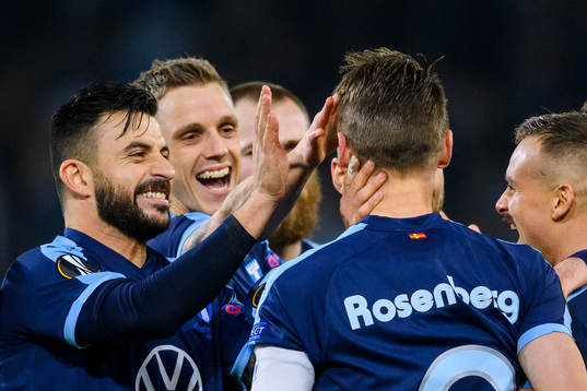 Markus Rosenberg of Malmö FF celebrate with Behrang Safari
