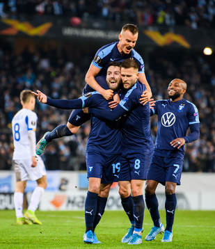 Erdal Rakip of Malmö FF celebrate with Eric Larsson, Arnor