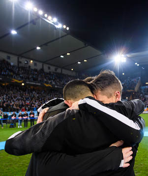 Markus Rosenberg of Malmö FF hugs Johan Dahlin and Behrang