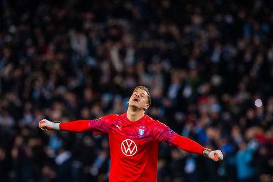 Goalkeeper Johan Dahlin of Malmö FF celebrates