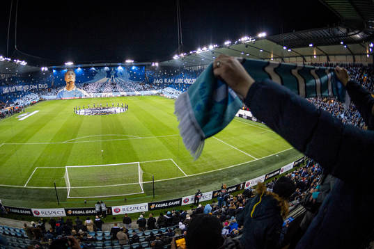 Supporters of Malmö FF with a tifo acclaiming Markus