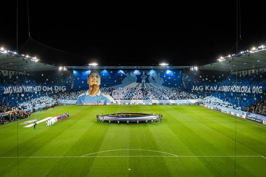 Supporters of Malmö FF with a tifo acclaiming Markus
