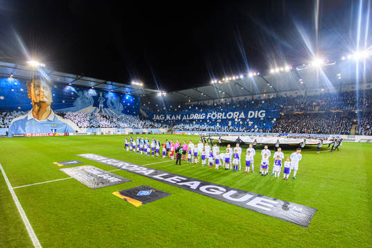 Supporters of Malmö FF with a tifo acclaiming Markus