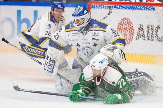 Leksands målvakt Axel Brage och Rögles Daniel Zaar