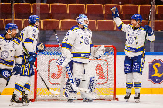Leksands målvakt Axel Brage och Philip Samuelsson jublar