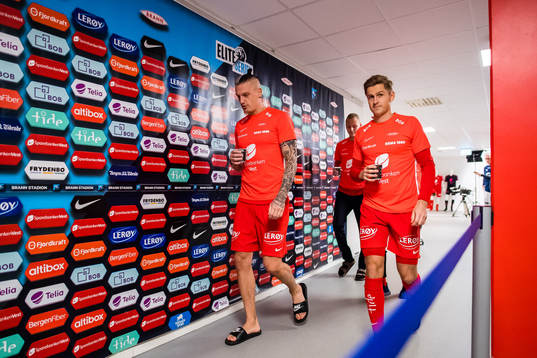 Vito Wormgoor and Thomas Grøgaard of Brann of arrives
